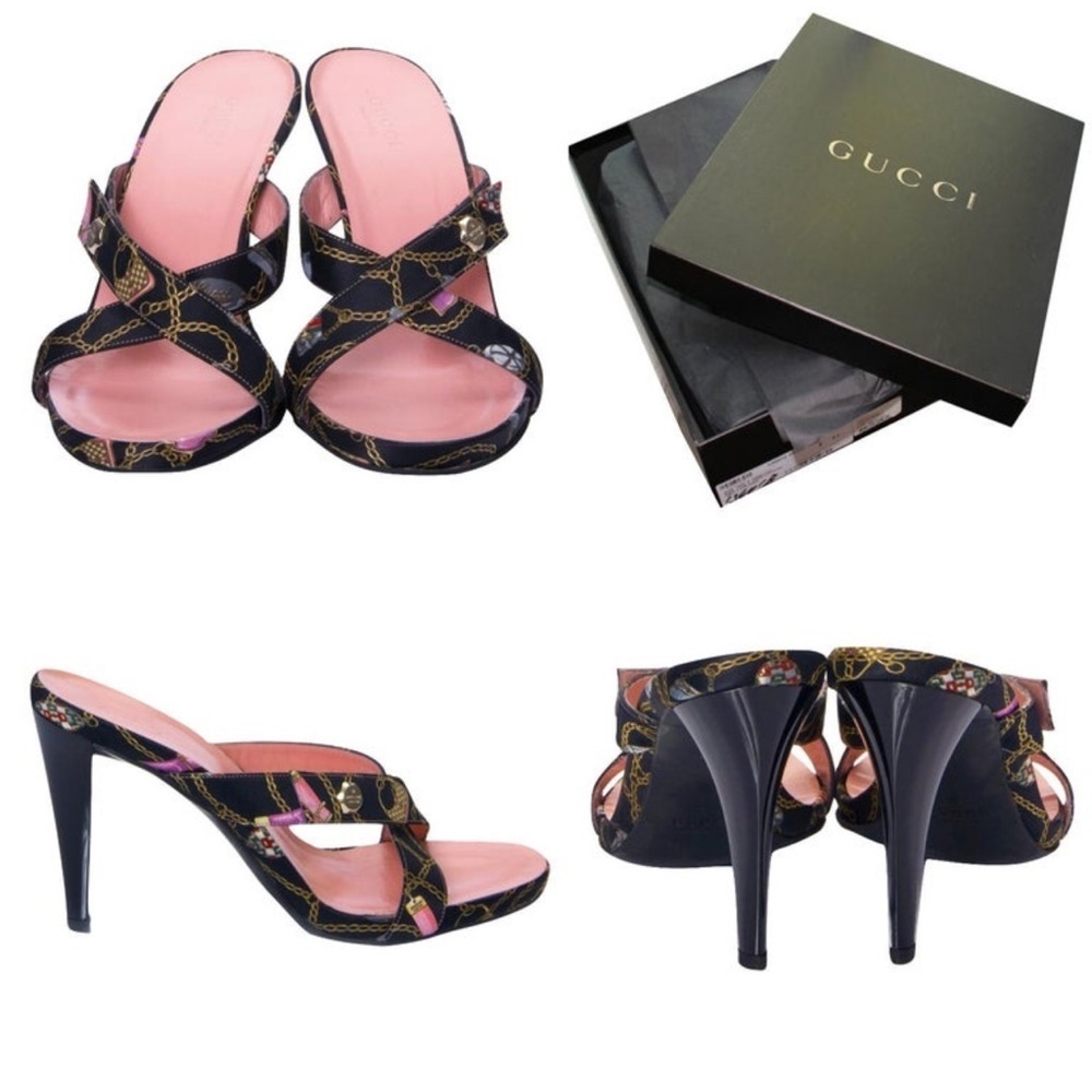 GUCCI Tom Ford For Gucci Vintage Chain Logo Satin Slide Heels size 7 - Picture 13 of 16